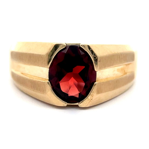 Mens Oval Garnet Solitaire Beveled Ring in Yellow Gold