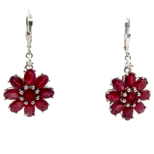 Natural Ruby Cluster Flower Dangle Lever Back Earrings