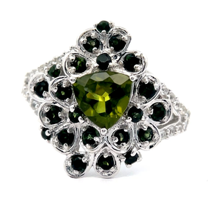 NEW Moldavite, Diamond & Green Tourmaline Statement Split Shank Ring