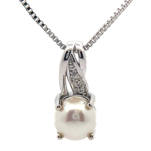 NEW Cultured White Pearl & Diamond Love Knot Pendant Necklace