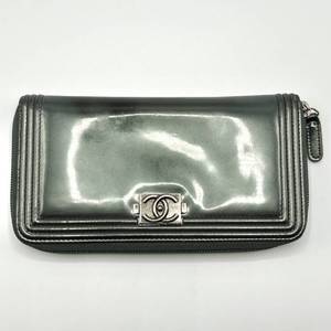 Chanel Grey Coco Mark Patent Leather Boy Round Zipper Long Wallet Pre-Owned Retail $1,500