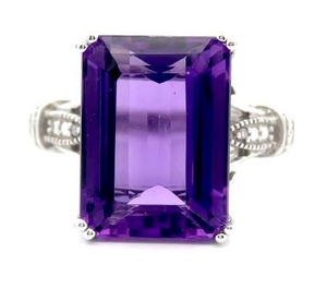 Vibrant, Rich Purple Amethyst Emerald Cut Solitaire & Pave Ring, Large Size VIDEO