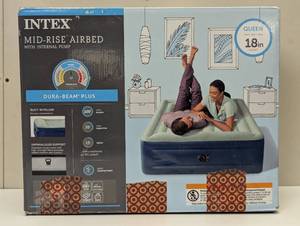 lot 26 image: Intex Elevated 18 Pillow Rest Queen Air Mattress with Internal Pump - Off-WhiteBlue