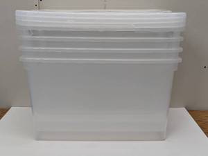 lot 89 image: 4 Pack - Sterilite 66qt ClearView Latch Box Clear with Purple Latches, Lidded & Stackable, 66 Quart - 4 Pack