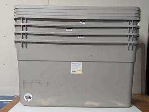 lot 87 image: Set of 4 - 45gal Latching Storage Tote - Wheeled Plastic Container with Lid, Gray - Set of 4