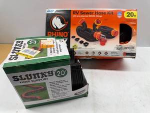lot 134 image: Camco 39741 Rhinoflex 20 Sewer Hose Kit (1218.1229) AND Valterra S2000 Slunky Hose Support - 20