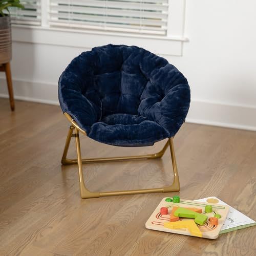 Kids Cozy Mini Folding Saucer Chair, Faux Fur Moon Chair for Toddlers & Bedroom, Navy & Soft Gold