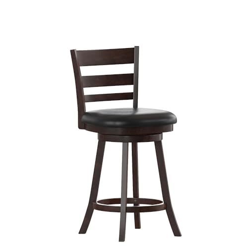 Ladderback Swivel Counter Height Barstool with Padded Black LeatherSoft Seat, Espresso
