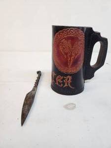 Boars Head Leather Beer Mug and Antique Knife