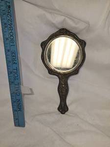 lot 26 image: Antique Pewter Silver Plated Hand Mirror, Art Nouveau