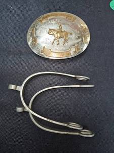 lot 107 image: Belt Buckle(Knippling Ranch, Made in England), Boot Spurs(1971 Circa)