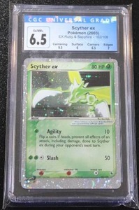 lot 57 image: 2003 Pokemon EX Ruby & Sapphire Scyther EX 102109 CGC 6.5