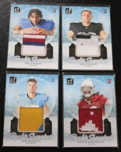 lot 66 image: 2024 Donruss Rookie Sweater Jersey Relic Lot  4 Star Rookie Relics  Nabers - Bowers - McConkey - Harrison Jr.