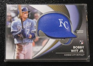lot 91 image: 2022 Topps Commemorative Batting Helmet Relic Bobby Witt Jr #BH-BW Rookie Card
