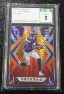 lot 96 image: 2020 Panini Phoenix Fire Burst Prizm Justin Jefferson #111 CSG 9 Rookie Card