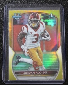 lot 100 image: 2022 Bowman Chrome U Yellow Refractor Jordan Addison 1st Bowman #36 5275  Only 75 Exist