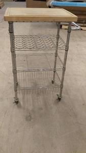 lot 107 image: Metal Kitchen Cart with Wooden Top and Three Wire Shelves