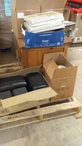 lot 116 image: Assorted Auction Lot with Framed Advertisements, Speakers, and Kitchen Items