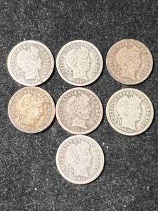 lot 21 image: GROUP OF 7 US BARBER DIMES