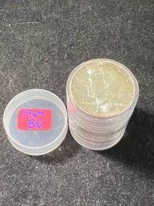 lot 22 image: ROLL OF 20 US 1964 BU KENNEDY HALF DOLLARS