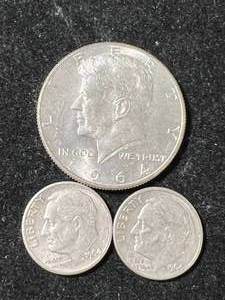 lot 38 image: 1964 US KENNEDY HALF DOLLAR WITH 2 SILVER ROOSEVELT DIMES