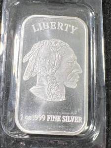 lot 51 image: 1 TROY OZ .999 FINE SILVER BUFFALO INDIAN BAR