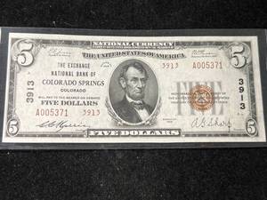 lot 95 image: 1929 US $5 NATIONAL BANK OF COLORADO SPRINGS NOTE UNC