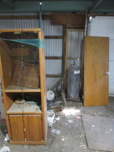 lot 102 image: Propane Tank, Lawn De-Thatcher, Cabinet, Door
