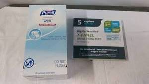 lot 121 image: Exploro 7-Panel Urine Drug Test and Purell Hand Sanitizing Wipes