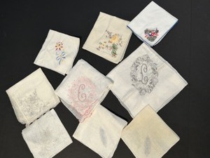 lot 170 image: Set of 9 Vintage Embroidered Handkerchiefs with Monograms and Floral Designs