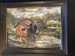 lot 173 image: Vintage Signed Landscape Oil Painting of An Old Mill Artist Signed