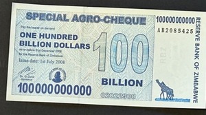 lot 176 image: Zimbabwe 100 Billion Dollar Special Agro-Cheque, 2008