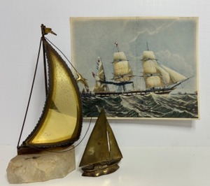 lot 193 image: DeMott Brass Sailboat Sculpture on Marble Base, Mini Brass Sailboat with 1853 Ship Print