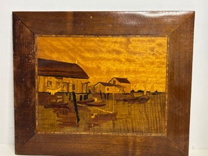 lot 199 image: Vintage Marquetry Art Panel Featuring Coastal Scene