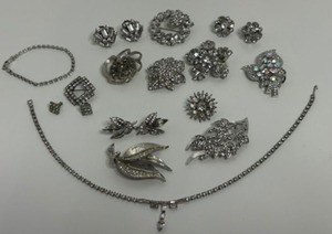 lot 203 image: Collection of Vintage Crown Trifari and BSK Rhinestone Jewelry