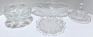 lot 33 image: Set of 4 Crystal Bowls and Covered Dish with Intricate Cut Designs