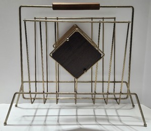 lot 41 image: Vintage Mid Century Brass Magazine Rack wWood Accents
