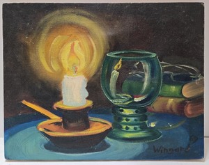 lot 104 image: 1969 Wingord Still Life Oil Painting with Candle and Books