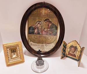 lot 17 image: BELINDA MILEY Swarovski Cross, TRIPTYCH, Incense Holder & Vtg Communion Certificate  