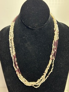 lot 241 image: Vintage 22.5 Freshwater Pearls and Carnelian Bead Necklace with Sterling Silver Clasp