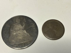 lot 9 image: Antique Worn Smooth 1855 Seated Half Dollar SILVER & Planchet Like Penny