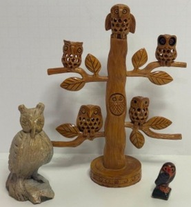 lot 267 image: Set of 3 Carved Owl Figurines Including an intricate Tree with Owls, A Primitive Stone Carved Owl and an Enesco Hand Painted