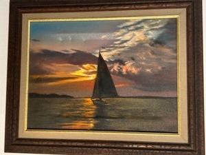 lot 269 image: Original Oil Painting of a Sailboat with Sunset on Canvas