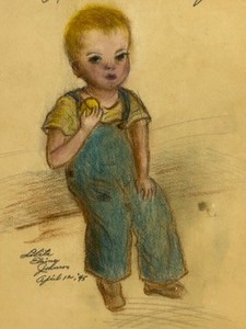 lot 320 image: Vintage 40s Original Charcoal & Colored Pencil Drawing of a Little Boy Sitting  Lannie, Four Years Signed by Artist