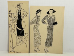 lot 321 image: 1940s Set of 2 Vintage Original Hand Drawn Fashion Illustration Prints