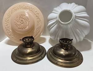 lot 39 image: Vintage Milk Glass Shades and Brass Light Fixtures