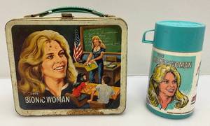 lot 193 image: Vintage 1978 Bionic Woman Metal Embossed Lunch Box (Has Thermos)