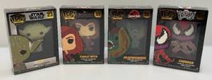 lot 207 image: Misc. Funko POP Pins Including Carnage, Dilophosaurus, Scarlet Witch & Yoda (Factory Sealed)