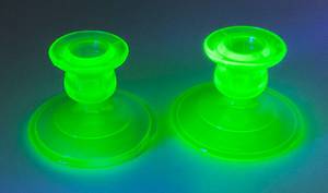 lot 226 image: Pair Of Vintage Green Urainium Glass Candle Holders 2 12 Tall (One Has Chip On Upper Rim)