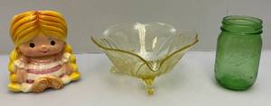 lot 231 image: Vintage Yellow Depression Vaseline Glass Three Footed Flared Bowl Lancaster 8 & More